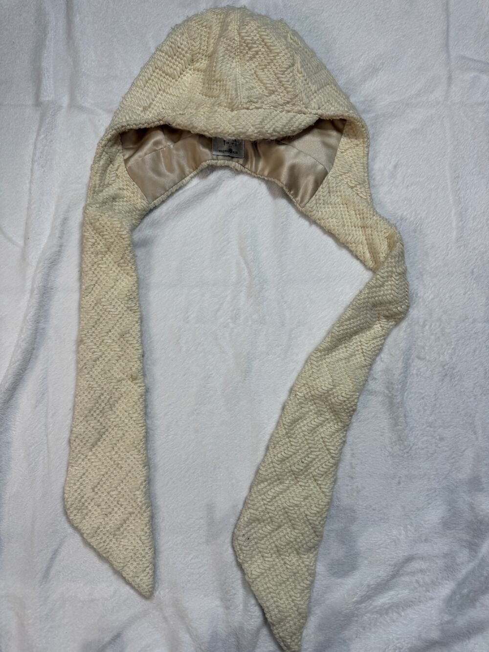 Eugenia Kim Ivory Textured Knit Hood Scarf Satin Lined Long Ties One Size